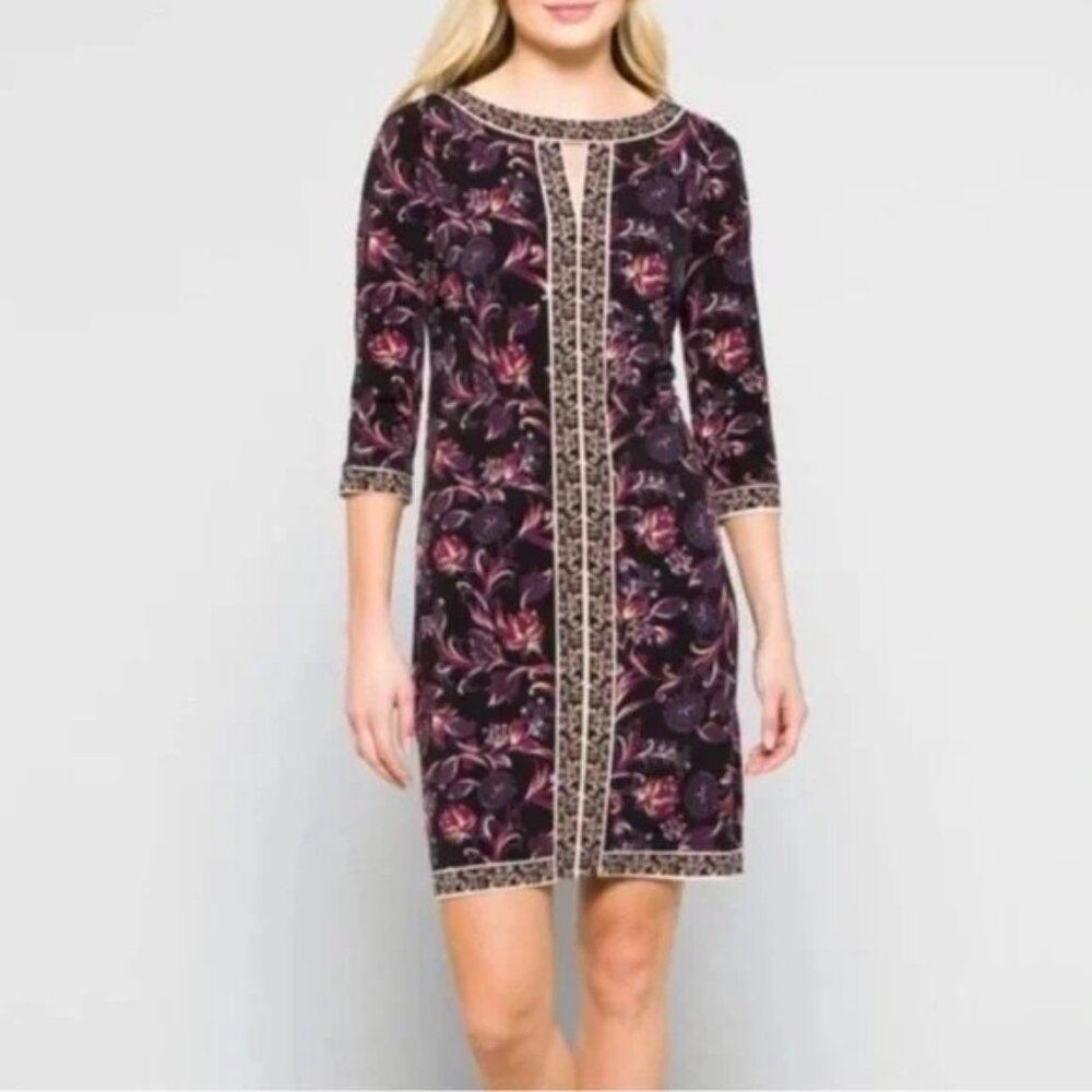Maggy London Black/Berry Floral Marnie 3/4 Sleeve Jersey Knit Dress 12 NWT